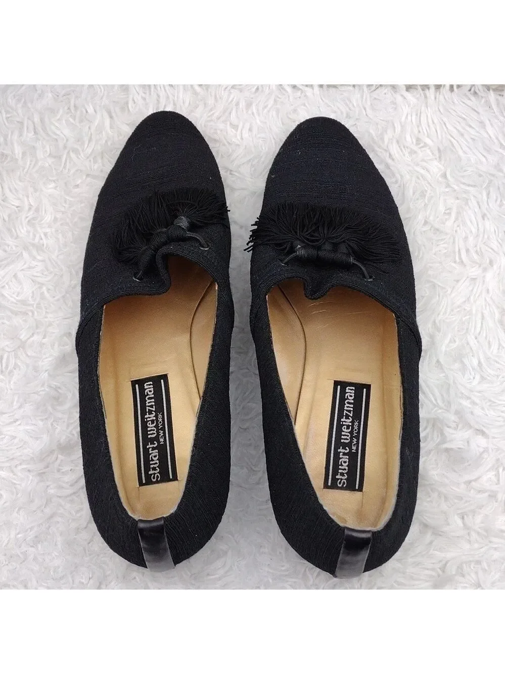 Stuart Weitzman Black Fabric Upper Almond Toe Low Heel Tassel Loafer Shoe
